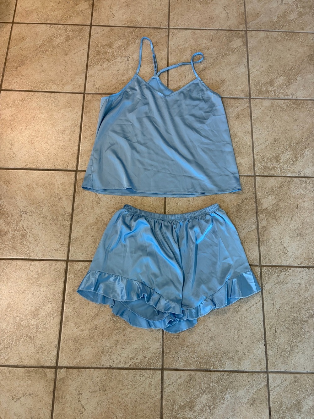 Light Blue Satin Cami & Ruffle Shorts Sleep Set
